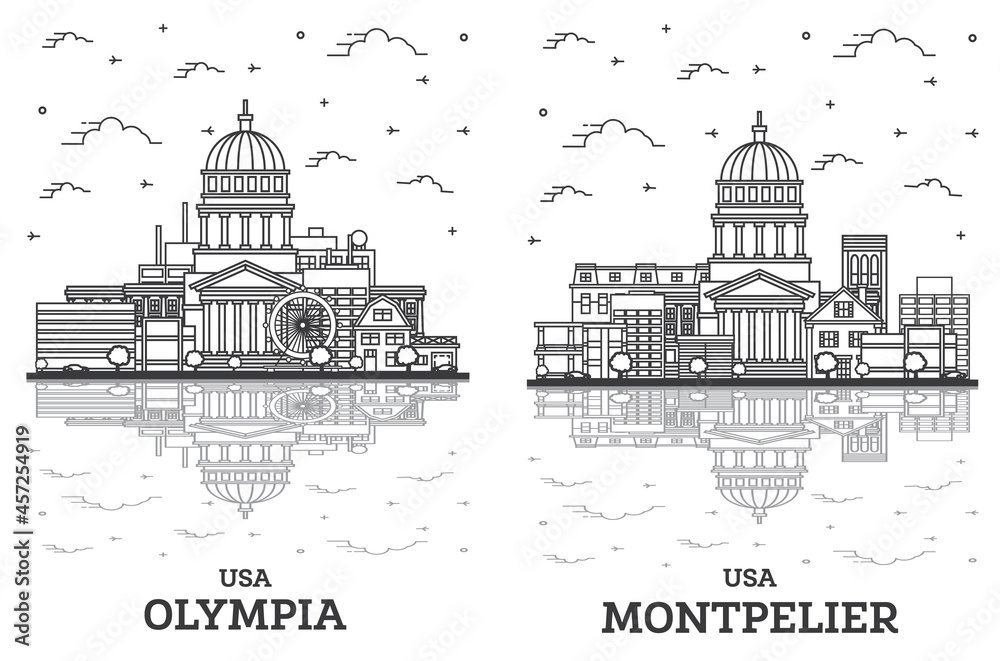 Outline Montpelier Vermont and Olympia Washington City Skyline Set.