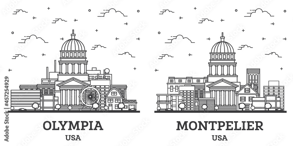 Outline Montpelier Vermont and Olympia Washington City Skyline Set.