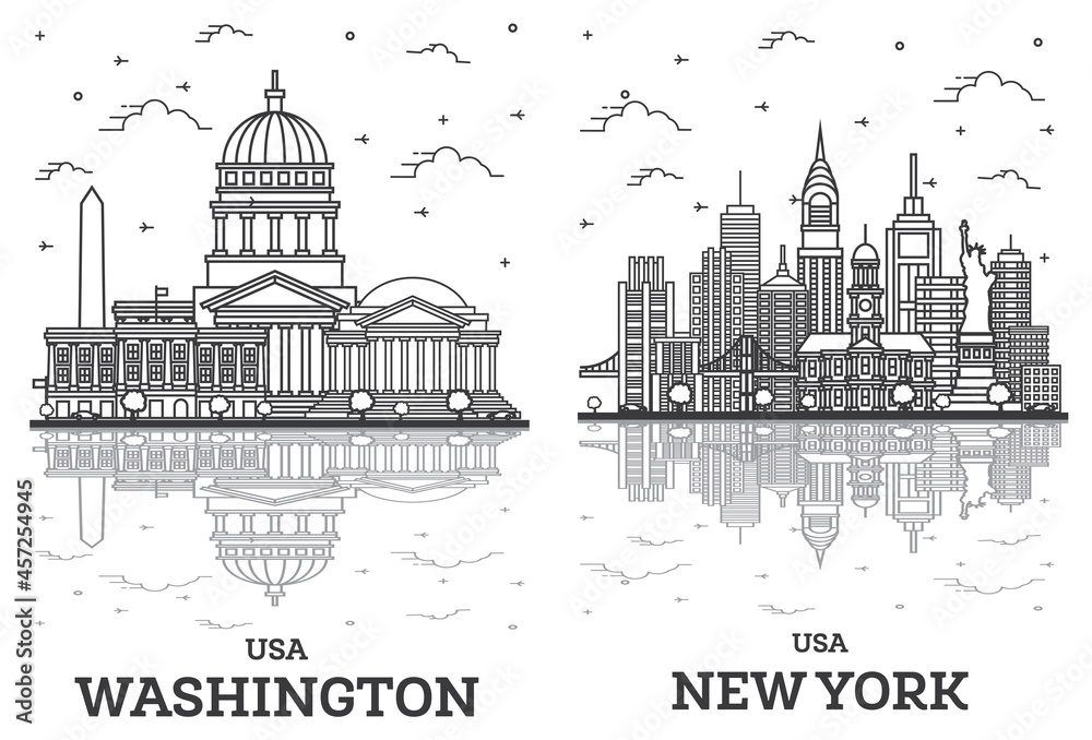 Outline New York and Washington DC USA City Skyline Set.
