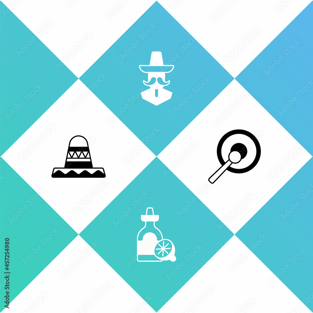 Set Mexican sombrero, Tequila bottle with lemon, man and Gong icon. Vector Set Mexican sombrero, Tequila bottle with lemon, man and Gong icon. Vector