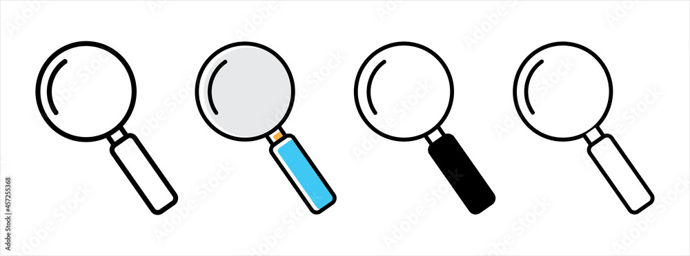 Magnifying glass icon set. Magnifier glass icons vector set. Symbol of searching, zoom, and inspecting Magnifying glass icon set. Magnifier glass icons vector set. Symbol of searching, zoom, and inspecting