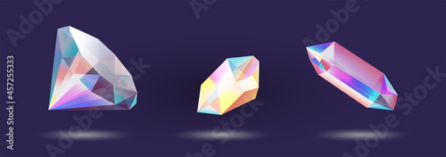 Set of transparent shining crystals isolated on a solid background. Diamonds, treasures, jewelry and minerals