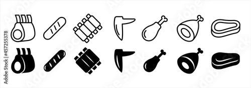 Assorted meat in butchery icon set. Meat shop item icons vector set. Contain icon like tomahawk meat, beef, sausage, ribs, chicken drumstick, and steak.