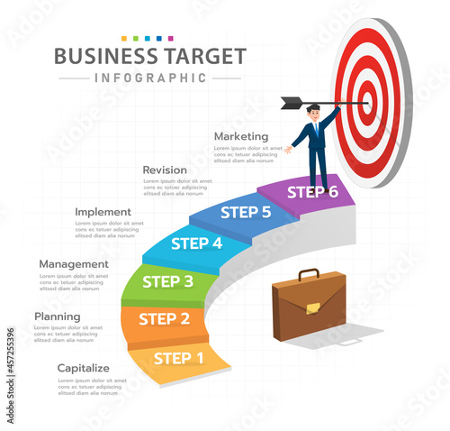 Infographic template for business. 6 Steps Modern Target diagram with staircase, presentation vector infographic.