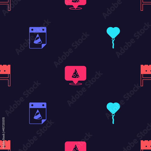 Set Balloons in form of heart, Calendar party, Slice pizza and BBQ brazier on seamless pattern. Vector