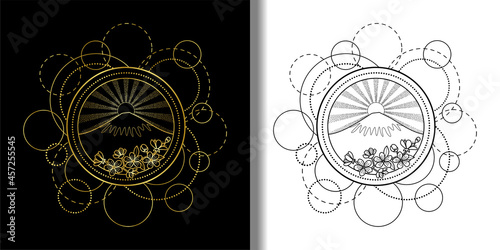 Patterns set with mountains, sun and cherry flowers