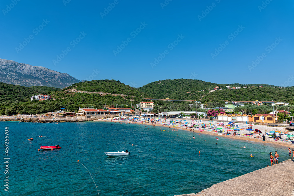 Utjeha, Montenegro - July 07, 2021: Utjeha Beach on the Adriatic coast in Montenegro.