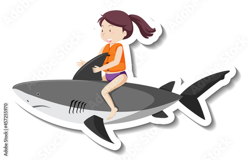 A girl ride inflatable shark cartoon sticker