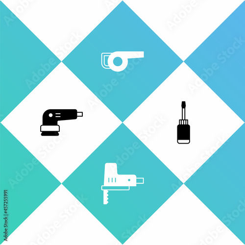 Set Electric sander, jigsaw, Leaf garden blower and Screwdriver icon. Vector
