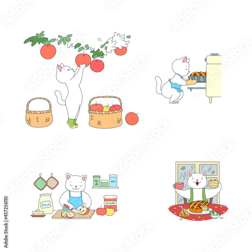 Collection of cute cat bakers. Autumn illustrations of funny white cats picking apples from the tree and baking an apple pie at home. 