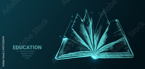 Futuristic illustration with hologram neon open book sketch, concept glowing icon sign on dark background. Vector digital art, technology, education, school, reading, writer, information concept.