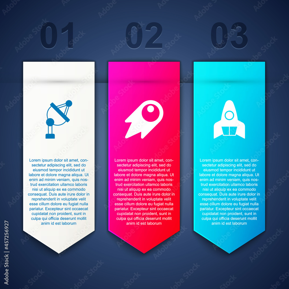 Set Satellite dish, Comet falling down fast and Rocket ship. Business infographic template. Vector Set Satellite dish, Comet falling down fast and Rocket ship. Business infographic template. Vector