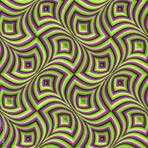 Optical illusion seamless pattern. Moving repeatable texture of green purple striped fancy shapes.