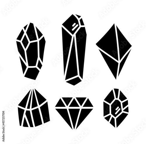 Crystals or gemstones silhouette cliparts bundle, gem collection, jewelry stone or diamond set, black and white isolated objects - black and white vector illustration