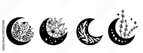 Mystical boho floral moon isolated cliparts bundle, celestial collection, moon and flowers set, magic line crescent moon, crystals bundle, esoteric objects - black and white vector