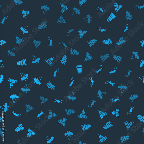 Set White House, Statue of Liberty, Paper glass and Sausage on the fork on seamless pattern. Vector