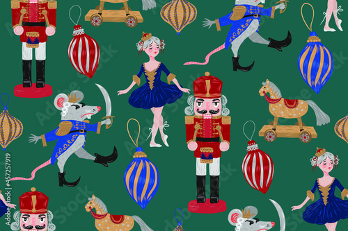 Seamless pattern with Nutcracker, ballerina, Mouse king, Christmas decoration, wooden horse and dark green background. Can be used as wrapping paper, wallpaper, textile design.