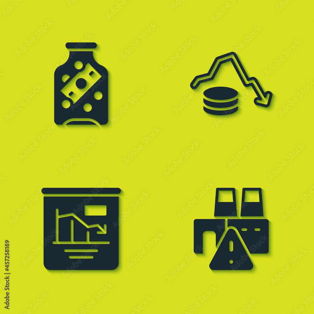 Set Glass money jar with coin, Shutdown of factory, Pie chart infographic and Dollar rate decrease icon. Vector Set Glass money jar with coin, Shutdown of factory, Pie chart infographic and Dollar rate decrease icon. Vector
