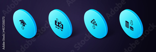 Set Isometric Dollar rate decrease, Gold bars, Drop in crude oil price and Falling property prices icon. Vector