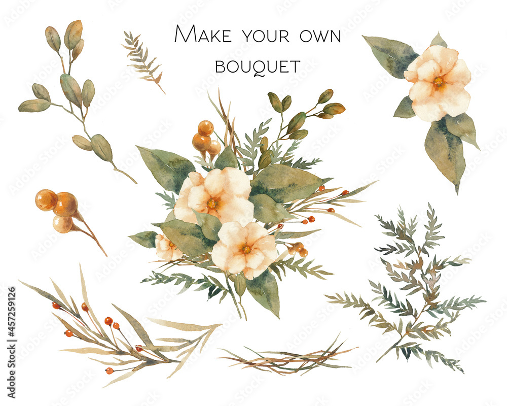 Hand painted floral elements set. Watercolor botanical illustration of