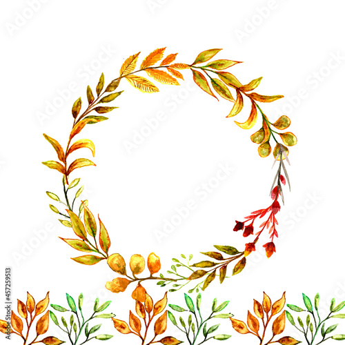 Round watercolor autumn color frame leaf