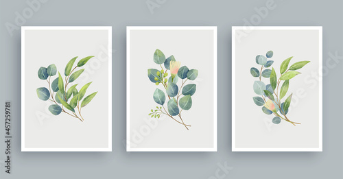 Botanical wall art watercolor painting background. Foliage art leaves and flower.