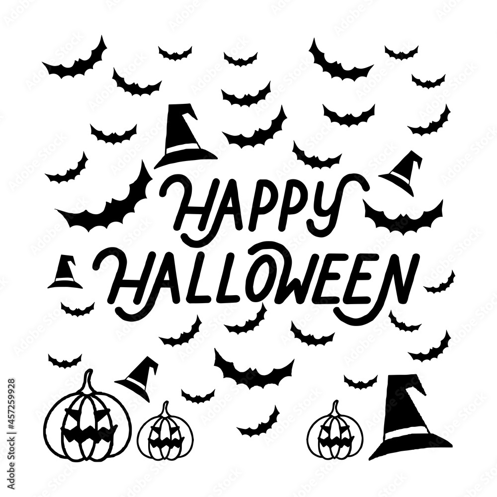 Happy Halloween Hand Lettering Text On White Background. Handwritten Halloween Brush Lettering. Typography Print For Flyer, Poster, Greeting Card, Banner and Invitation. Hand drawn Lettering Text.