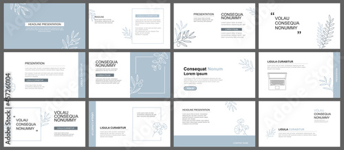 Presentation and slide layout background. Design blue pastel leaves template. Use for business keynote, presentation, slide, marketing, leaflet, advertising, template, modern style.