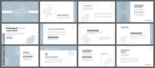 Presentation and slide layout background. Design blue pastel leaves template. Use for business keynote, presentation, slide, marketing, leaflet, advertising, template, modern style.