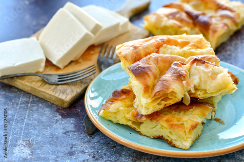 Bakery .Home made  cheese pie  with phyllo pastry, feta cheese  and organic eggs. Bulgarian banitsa