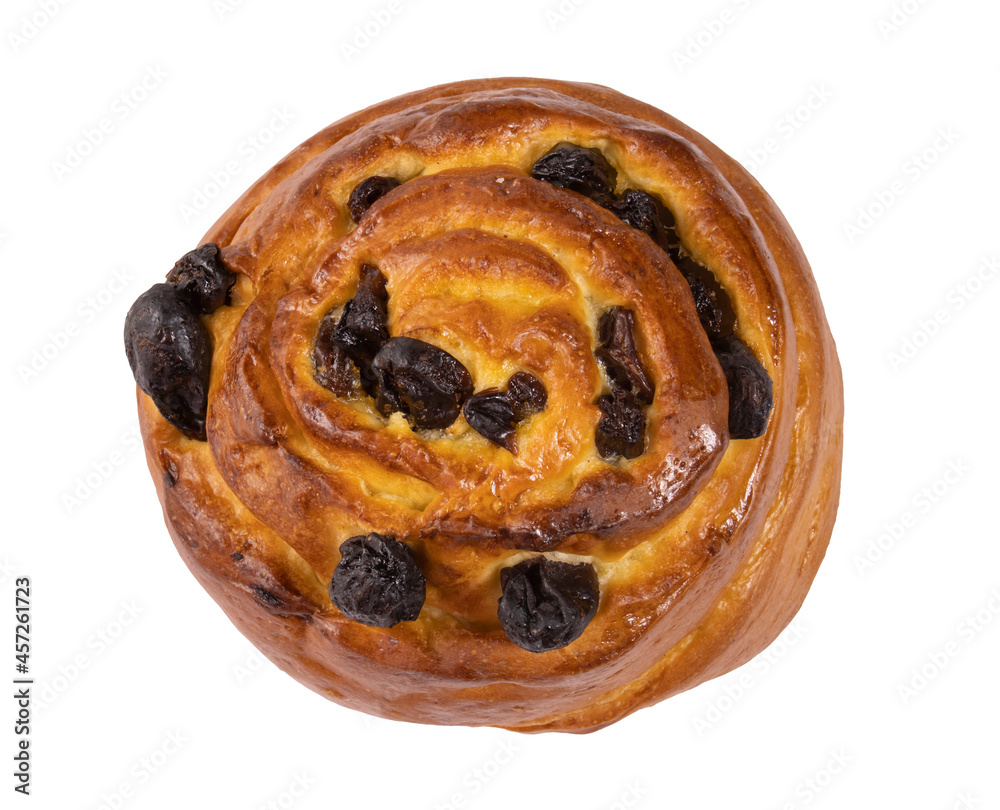 A bun with raisins in the shape of a snail, isolated on a white background. Fresh homemade cakes. Confectionery product. Top view. A bun with raisins in the shape of a snail, isolated on a white background. Fresh homemade cakes. Confectionery product. Top view.