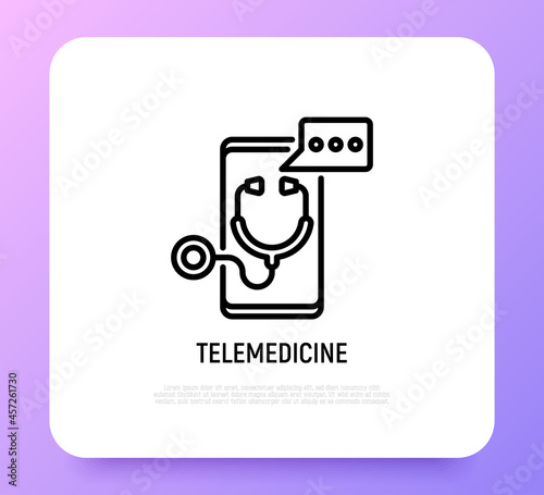 Telemedicine thin line icon, stethoscope with speech bubble on screen of smartphone. Modern vector illustration of online medical consultant.