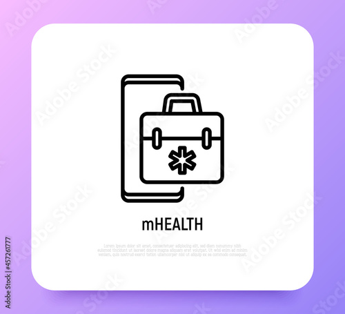 Telemedicine thin line icon, first-aid kit on screen of smartphone. Modern vector illustration of online medical consultant.