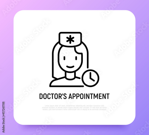 Doctor's appointment thin line icon: woman doctor with clock. Modern vector illustration.