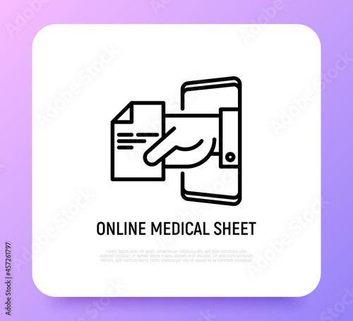 Online medical sheet, prescription thin line icon: hand with recipe from smartphone. Modern vector illustration.
