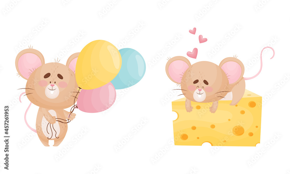 Fototapeta premium Cute Mouse Character as Small Rodent with Balloon Bunch and Lying on Cheese Slab Vector Set