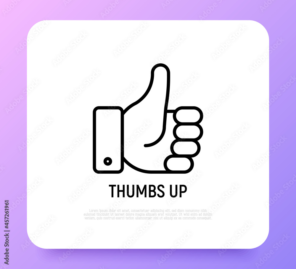 Thumbs up thin line icon. Hand gesture of success, confirmation, approve. Good choice. Modern vector illustration. Thumbs up thin line icon. Hand gesture of success, confirmation, approve. Good choice. Modern vector illustration.
