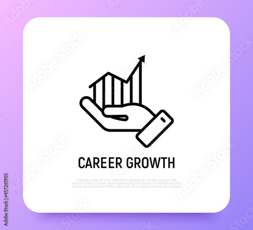 Career growth thin line icon: graph of growth in hand. Modern vector illustration.