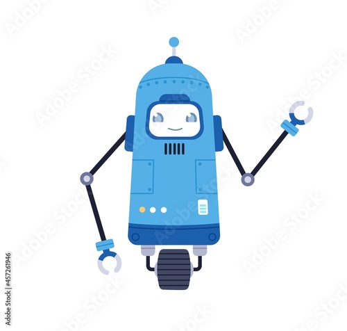Cute single-wheeled robot toy. Funny kids bot with happy smiling face and AI. Adorable cyborg. Modern futuristic humanoid machine design. Colored flat vector illustration isolated on white background