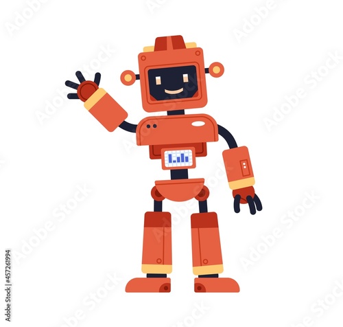 Cute robot toy in retro style. Funny kids bot with happy smiling face and screen. Adorable cyborg gesturing hi. Humanoid machine with AI. Colored flat vector illustration isolated on white background
