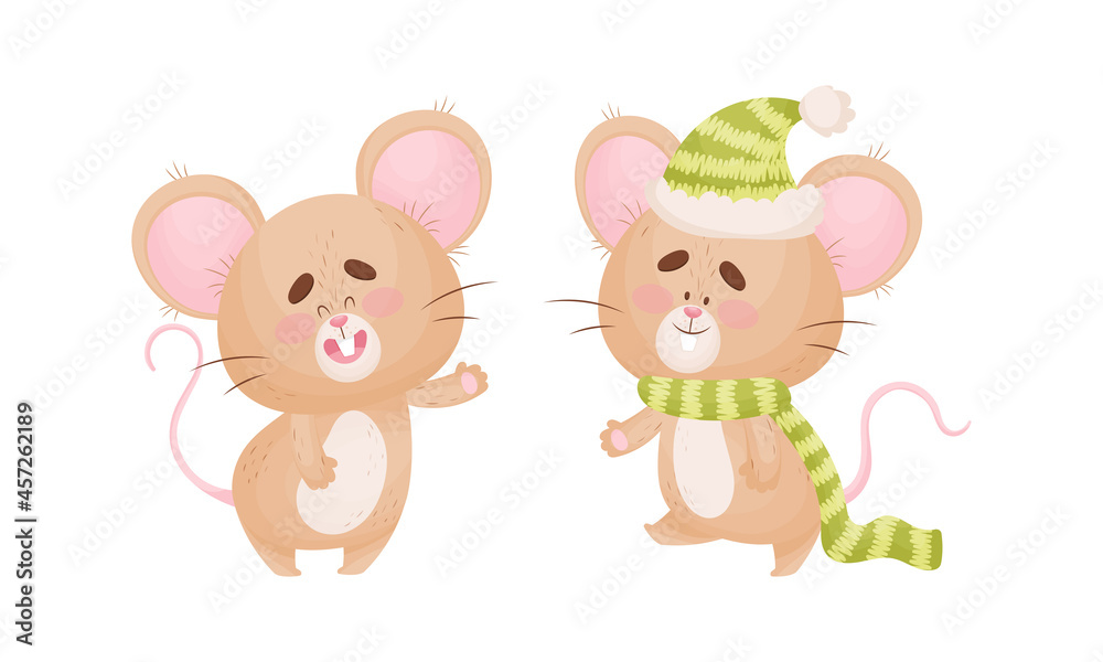 Cute Mouse Character as Small Rodent Wearing Knitted Hat and Waving Paw Vector Set