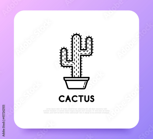 Cactus with prickles in pot thin line icon. Modern vector illustration of home plant.