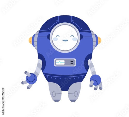 Cute funny robot smiling. Childish bot toy with happy face. Adorable little humanoid cyborg machine. Kids futuristic mechanism. Colored flat cartoon vector illustration isolated on white background