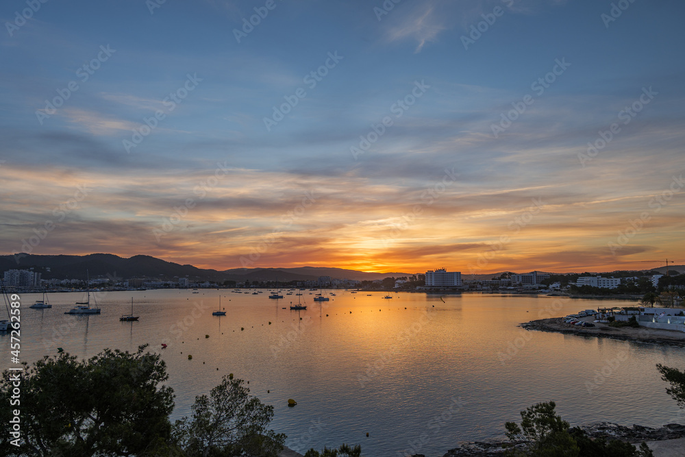 Beautiful Sunrise in the port of Sant Antoni de Portmany, Ibiza, Balearic Islands, Spain.