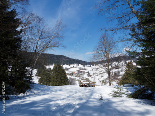 Schwarzwald Landschaft im Winter. Zeller Bergland oben Zell im Wiesental. Blick auf schneebedeckt Pfaffenberg vom Käsern-Tannenweg photo