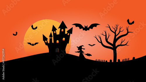 castle with lighting window on hills with tree and full moon on evening sky. landscape cartoon scene with copy space for decoration