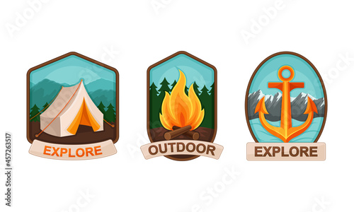 Camping and Outdoor Exploration Badge with Anchor and Campfire Vector Set