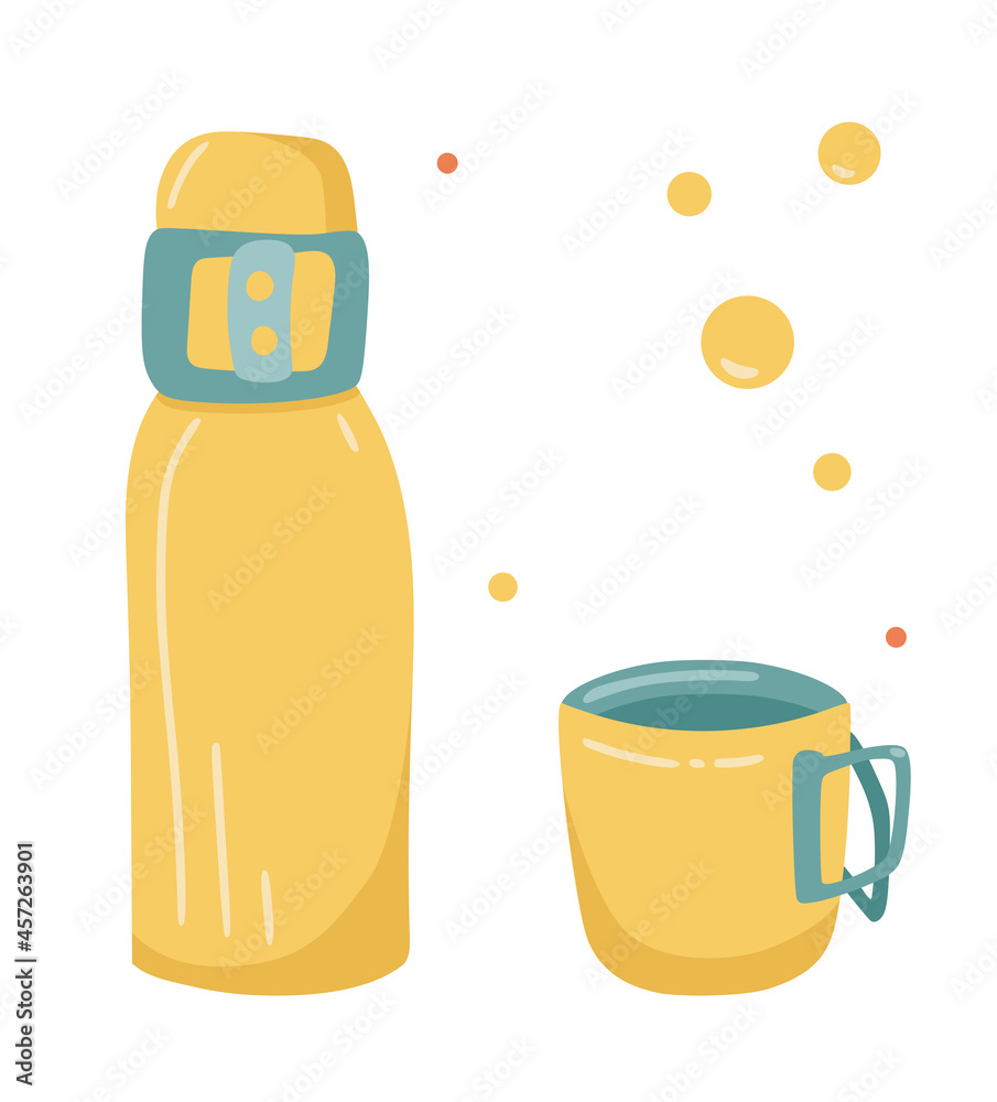 Thermos bottle and mug from camping and outdoor recreation set, isolated on white background, can use for camp flyer, card, posters, t-shirt design. Vector illustration. Thermos bottle and mug from camping and outdoor recreation set, isolated on white background, can use for camp flyer, card, posters, t-shirt design. Vector illustration.