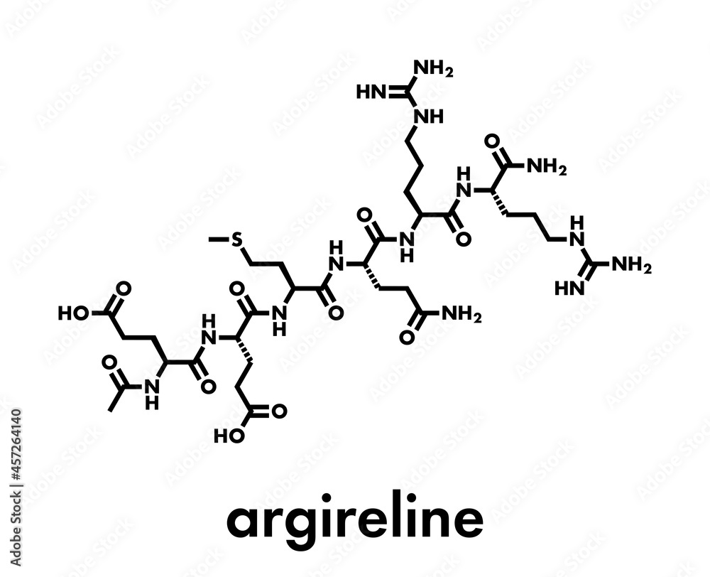 Acetyl hexapeptide-3 (argireline) molecule. Peptide fragment of SNAP-25. Used in cosmetics to treat wrinkles. Skeletal formula. Acetyl hexapeptide-3 (argireline) molecule. Peptide fragment of SNAP-25. Used in cosmetics to treat wrinkles. Skeletal formula.