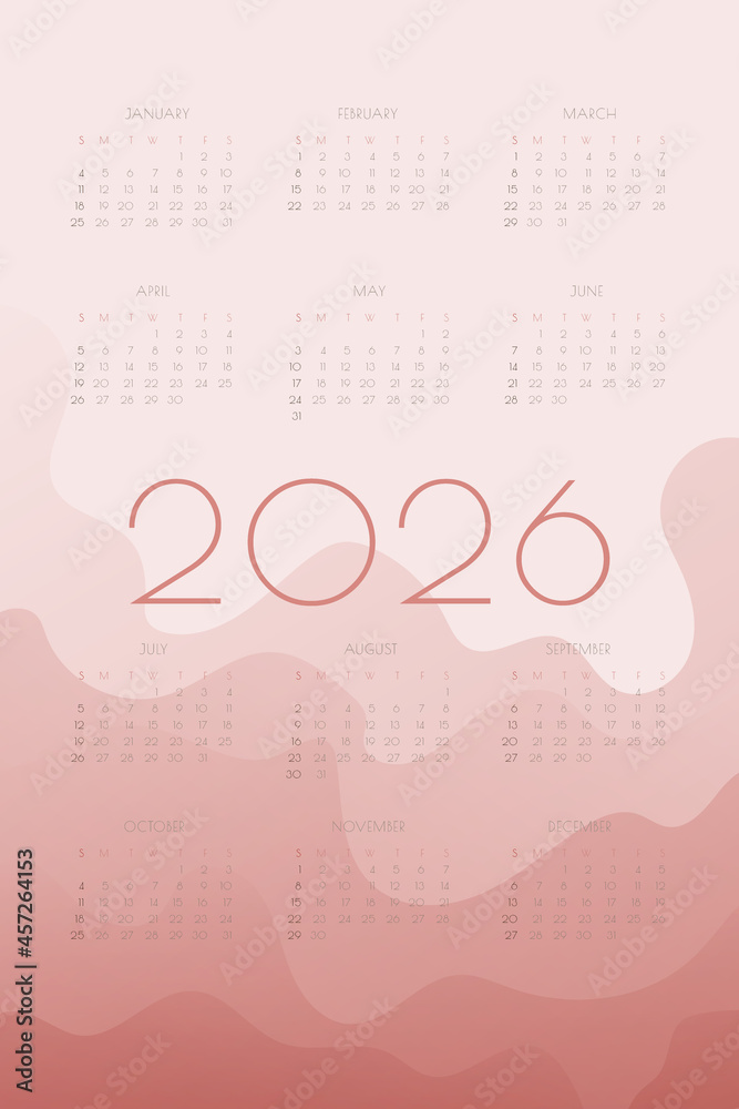 2026 calendar with red gradient shapes